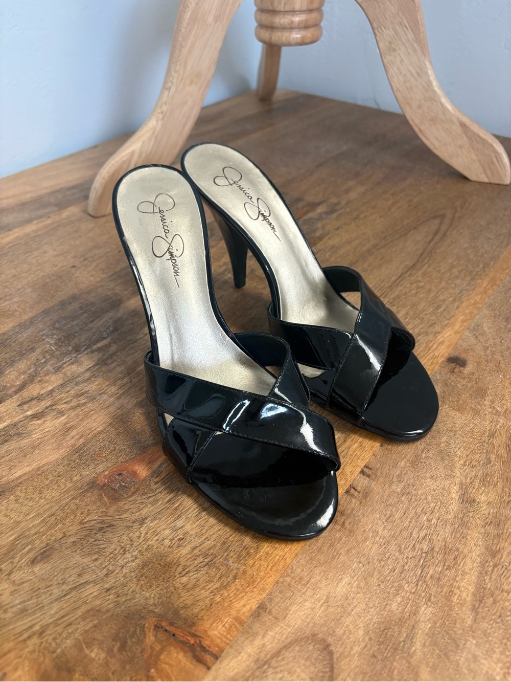 Jessica Simpson Black Patent Slide Mules with Crisscross Straps